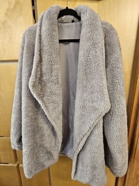 Gray Faux Fur Plush Open-Front Women's Coat